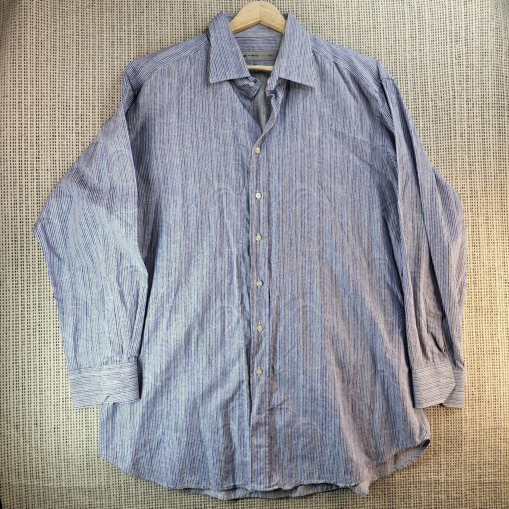 Etro Shirt Mens 44 Blue Striped Made in Italy Long Sleeve Button Front Collared